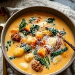 Bowl of savory butternut squash gnocchi soup with floating gnocchi, kale, and parmesan cheese garnish