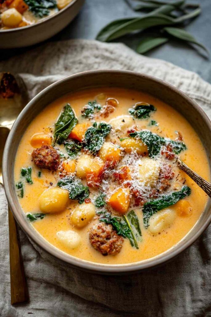 Savory Butternut Squash Gnocchi Soup 4 Bowl of savory butternut squash gnocchi soup with floating gnocchi, kale, and parmesan cheese garnish