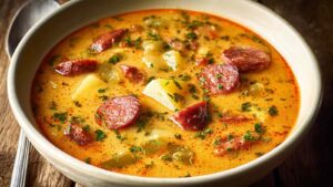 Spanish Potato Soup with Chorizo - Easy Comfort Food Recipe.
