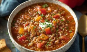 Stuffed Pepper Soup Stuffed pepper soup in white bowl topped with parmesan cheese and fresh parsley
