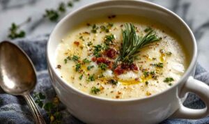 Cheddar Garlic Herb Potato Soup Bowl of creamy cheddar garlic herb potato soup garnished with fresh parsley and shredded cheese
