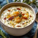 Bowl of creamy cheddar garlic herb potato soup garnished with fresh parsley and shredded cheese