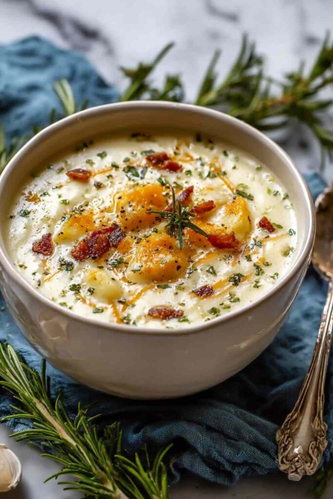 Bowl of creamy cheddar garlic herb potato soup garnished with fresh parsley and shredded cheese