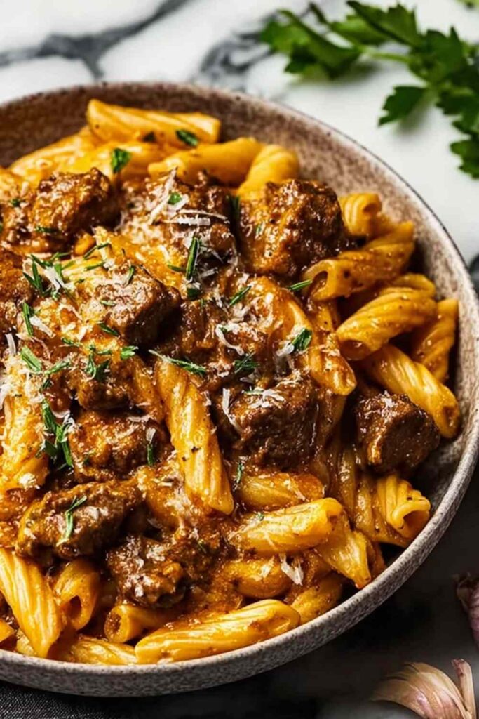 reamy garlic beef pasta with Parmesan cheese and fresh herbs