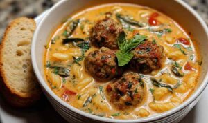 Creamy Italian Meatball Soup Creamy Italian meatball soup in white bowl with fresh parsley and parmesan cheese garnish