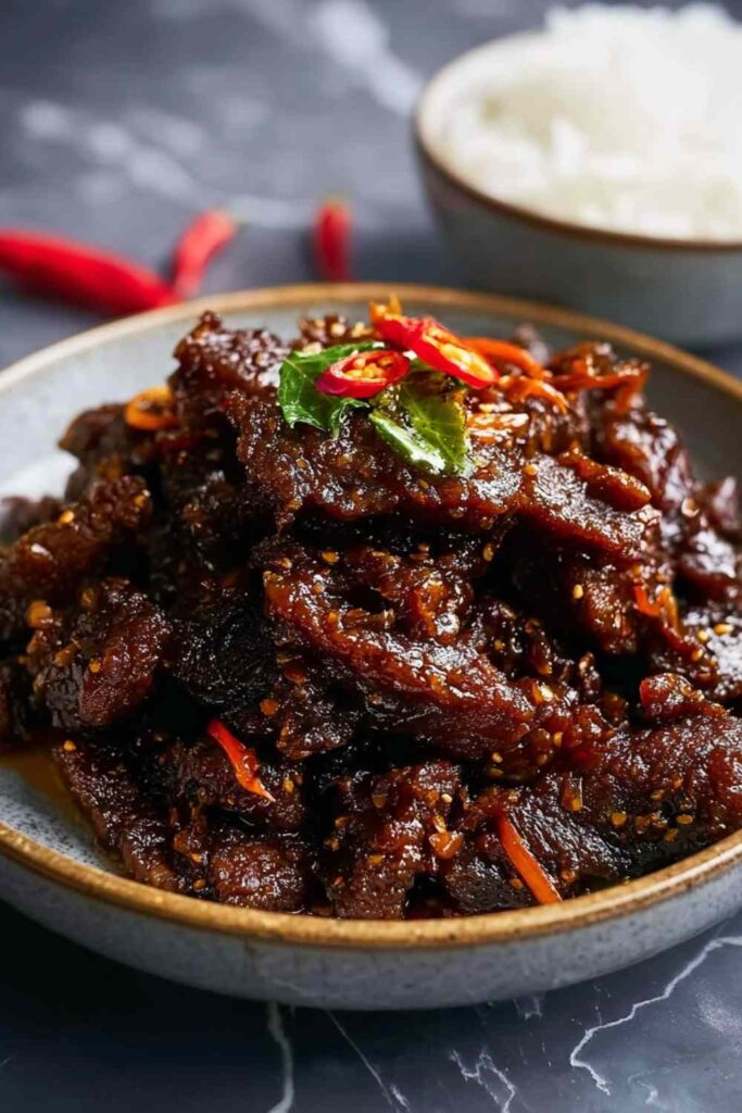 crispy chilli beef with peppers and onions in sweet spicy sauce