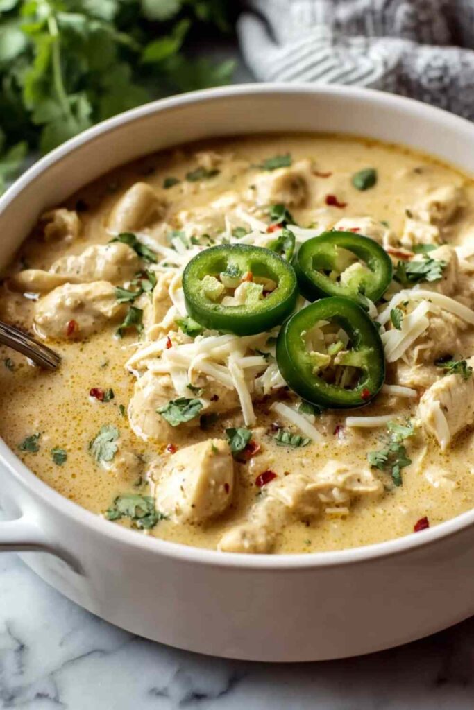 Bowl of crockpot creamy white chicken chili topped with avocado sour cream and tortilla strips