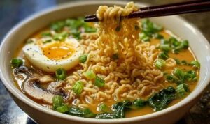 Easy Ramen Noodle Soup Easy ramen noodle soup in bowl with soft boiled eggs, mushrooms, and green onions
