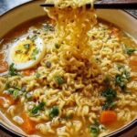 Easy ramen noodle soup in bowl with soft boiled eggs, mushrooms, and green onions