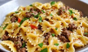 Garlic Butter Bowtie Pasta with Ground Beef (