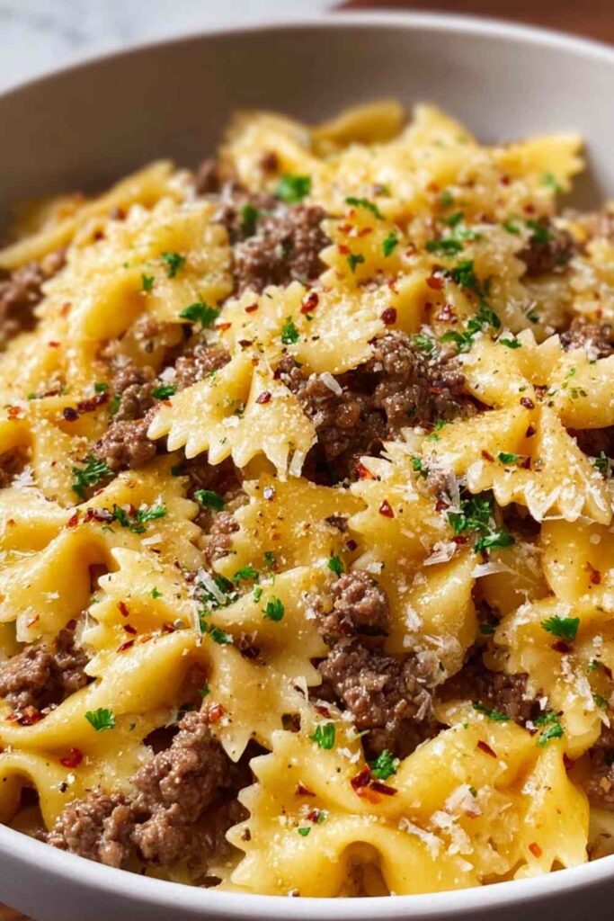 Garlic Butter Bowtie Pasta with Ground Beef 2