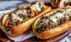 ground beef Philly cheesesteaks with melted provolone cheese and peppers