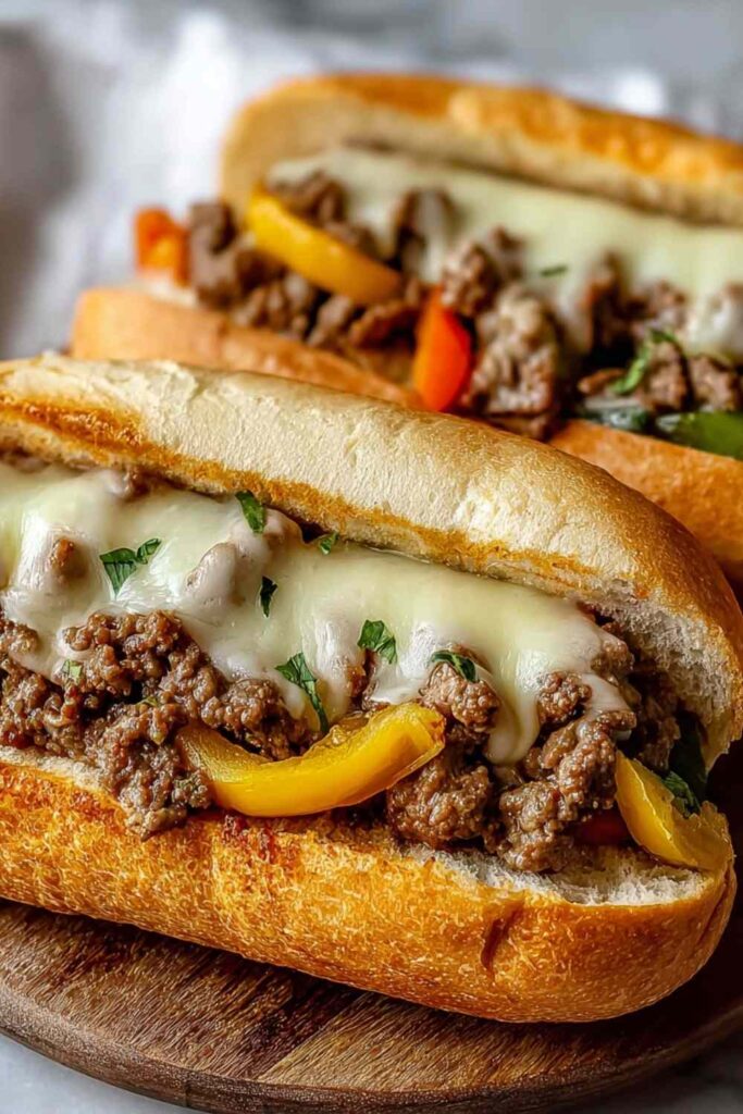 Ground Beef Philly Cheesesteaks 4 ground beef Philly cheesesteaks with melted provolone cheese and peppers