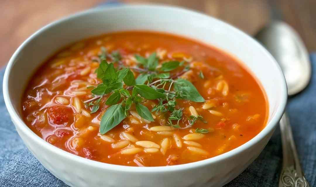 Hearty tomato orzo soup in white bowl garnished with fresh basil
