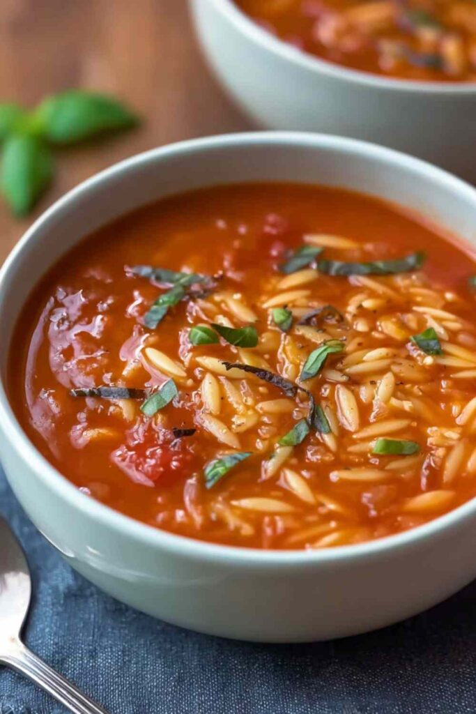 Hearty Tomato Orzo Soup 4 Hearty tomato orzo soup in white bowl garnished with fresh basil