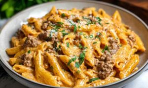 high protein creamy beef pasta with Greek yogurt and Parmesan cheese