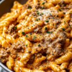 high protein creamy beef pasta with Greek yogurt and Parmesan cheese