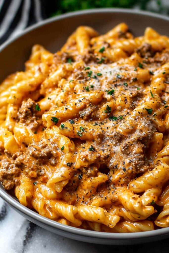 high protein creamy beef pasta with Greek yogurt and Parmesan cheese