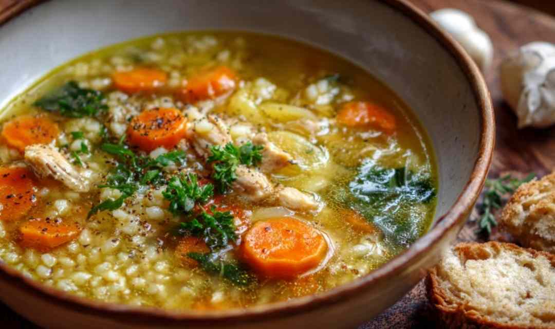 Bowl of Italian penicillin soup with chicken, vegetables, and pasta in golden broth