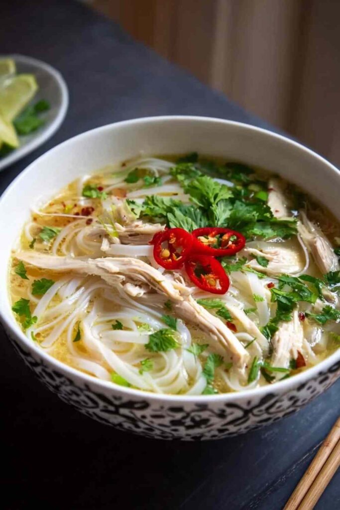 Bowl of Pho Ga Vietnamese Chicken Noodle Soup with clear golden broth, rice noodles, and fresh herbs