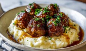 Salisbury Steak Meatballs with Garlic Herb Mashed Potatoes