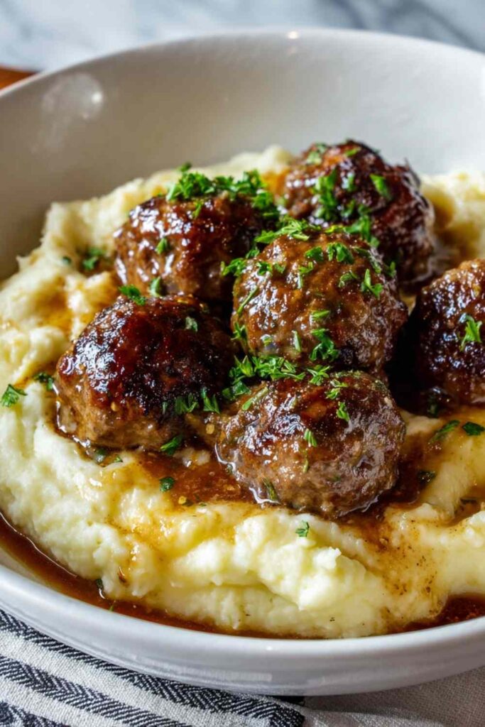 Salisbury Steak Meatballs with Garlic Herb Mashed Potatoes
