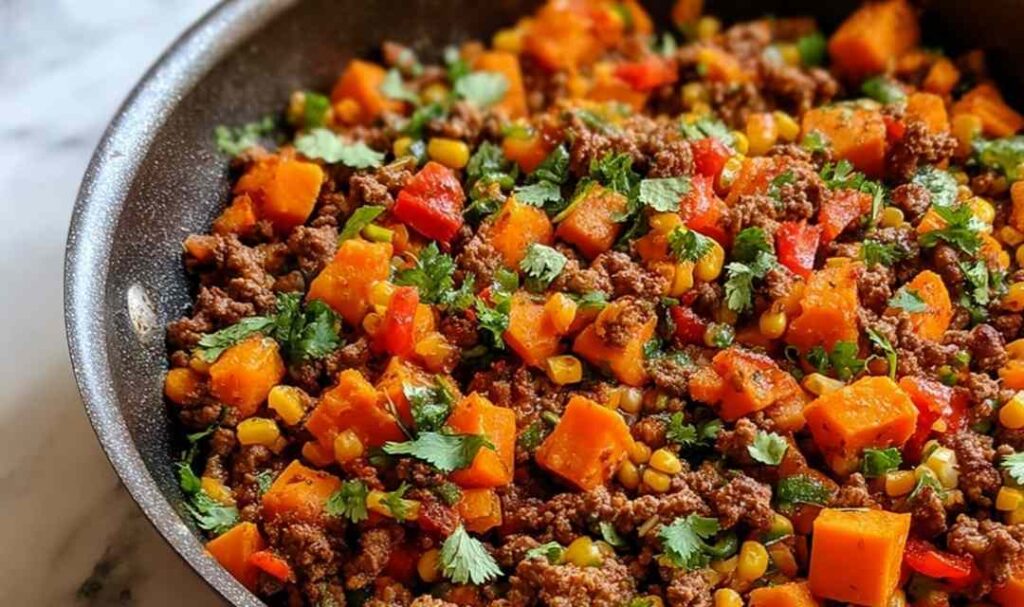 Southwest Ground Beef Sweet Potato Skillet