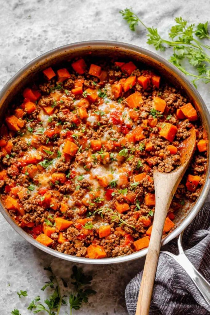 Southwest Ground Beef and Sweet Potato Skillet