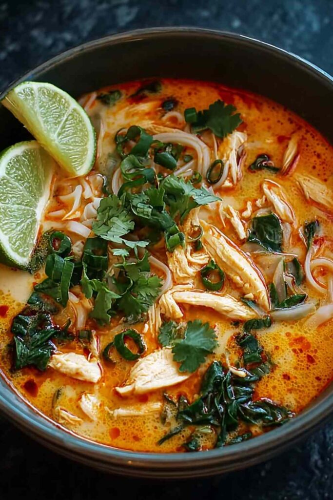 Spicy Thai Chicken Noodle Soup with Coconut and Lime