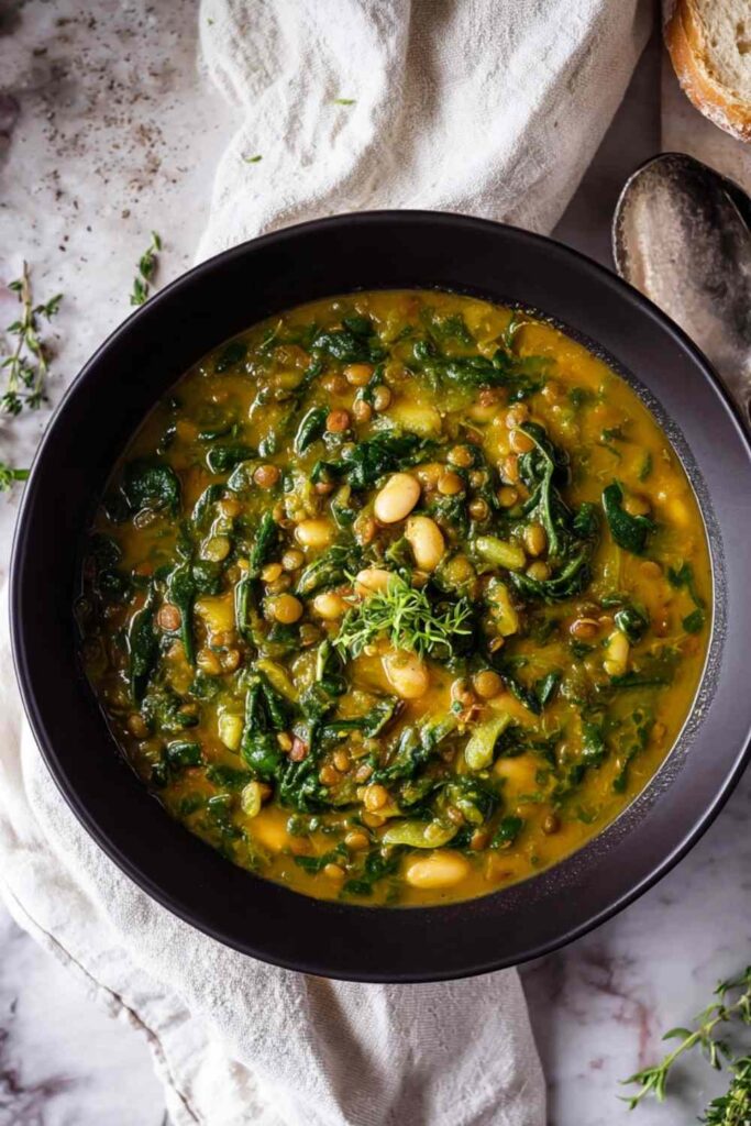 Spinach Lentil and Butter Bean Soup