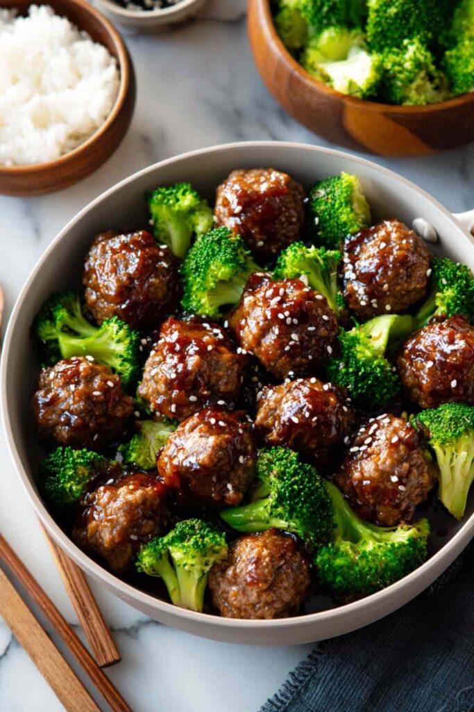 sticky Mongolian meatballs and broccoli over rice with sesame seeds