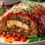 stuffed Italian meatloaf with melted mozzarella cheese center and marinara sauce