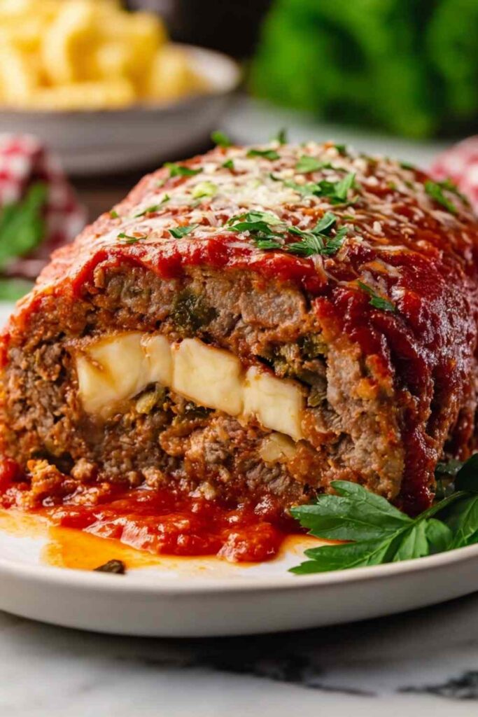 stuffed Italian meatloaf with melted mozzarella cheese center and marinara sauce