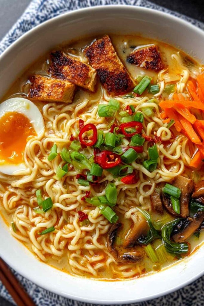Homemade ramen noodle soup with shredded chicken and vegetables in white bowl