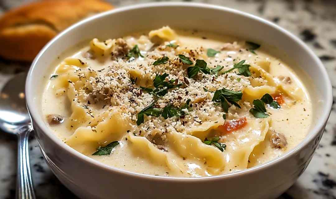White lasagna soup in a large pot with melted cheese, Italian sausage, and fresh basil garnish