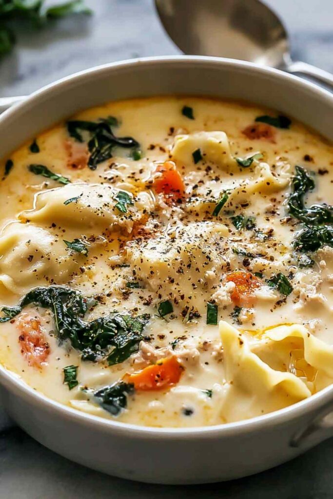 White lasagna soup in a large pot with melted cheese, Italian sausage, and fresh basil garnish