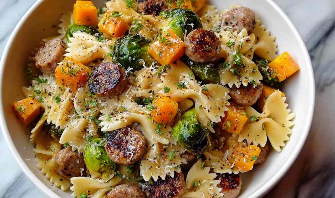 Autumn Dinner Sausage Pasta Brussels Sprouts Butternut Squash