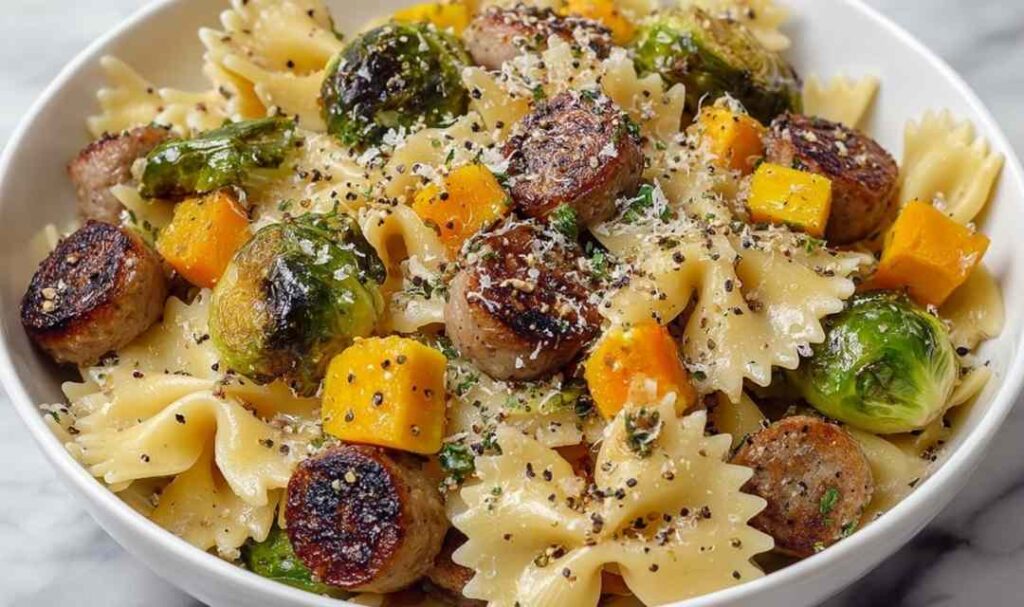 Autumn Dinner Sausage Pasta Brussels Sprouts Butternut Squash in a cast iron skillet