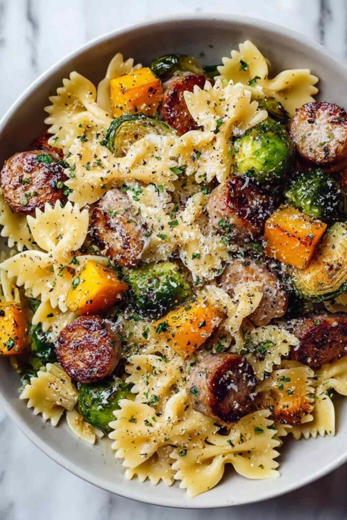 Autumn Dinner Sausage Pasta Brussels Sprouts Butternut Squash in a cast iron skillet