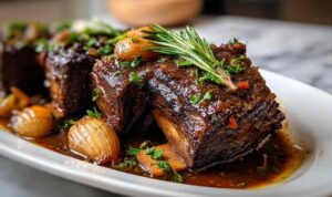 Apple cider braised short ribs falling off bone with carrots and vegetables in Dutch oven
