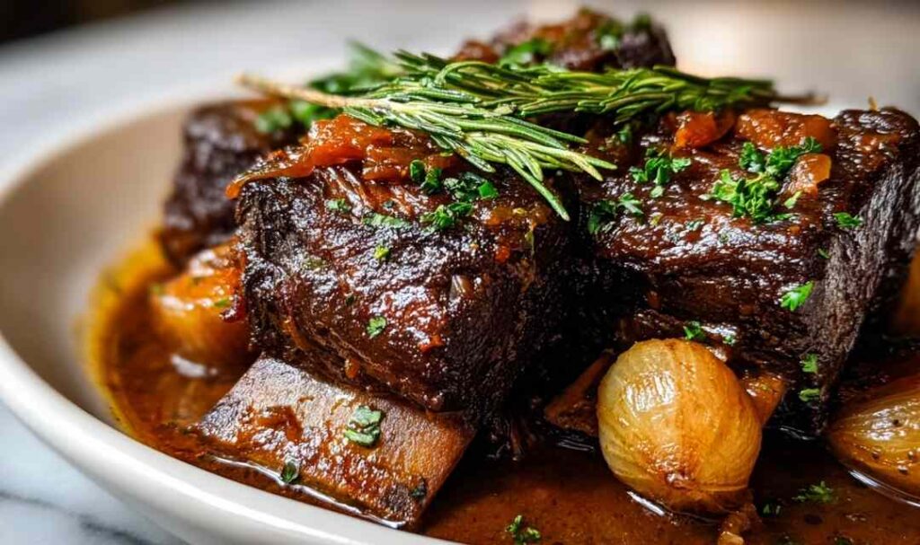 Apple cider braised short ribs falling off bone with carrots and vegetables in Dutch oven