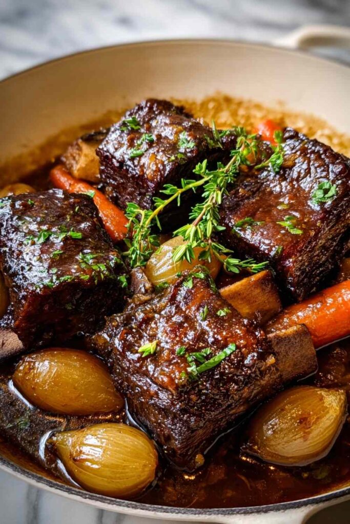 Apple cider braised short ribs falling off bone with carrots and vegetables in Dutch oven