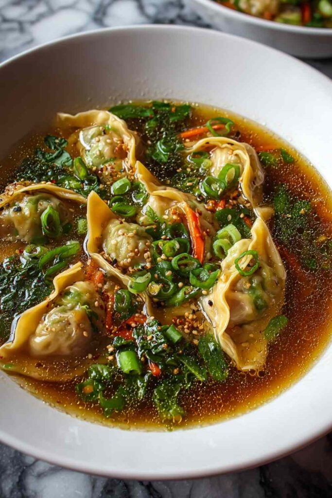 Bowl of Asian Potsticker Soup with ginger broth and dumplings