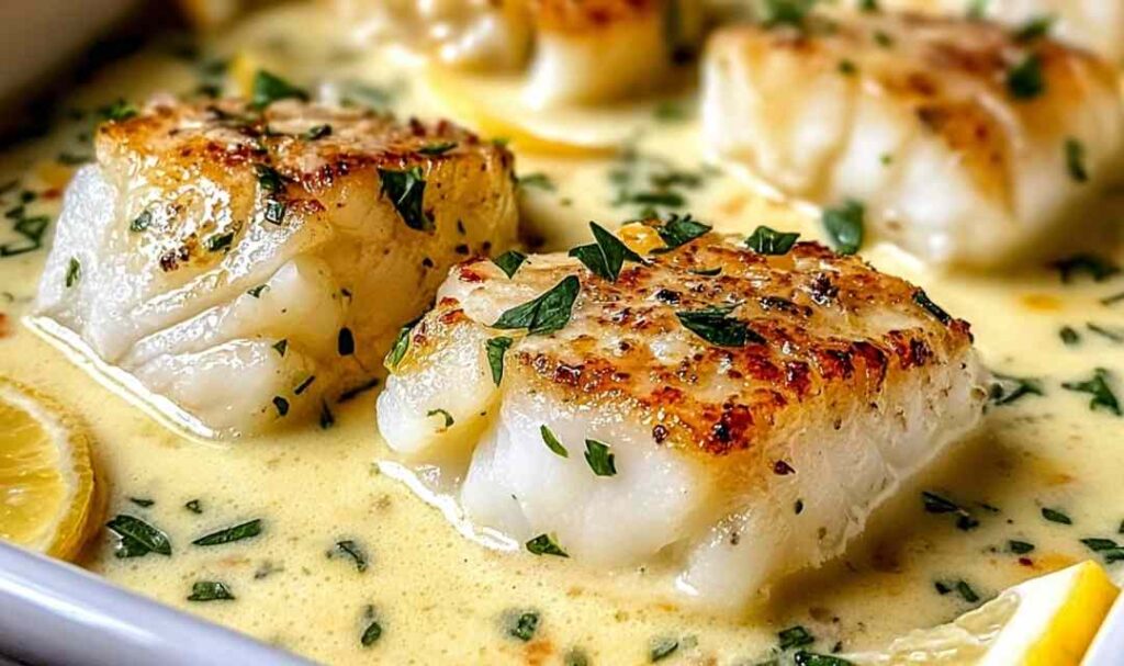Baked cod in coconut lemon cream sauce