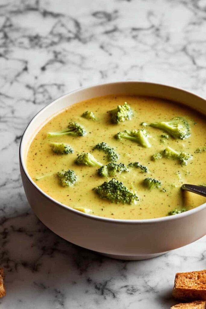 Creamy broccoli cheddar soup in a white bowl topped with croutons and shredded cheese.