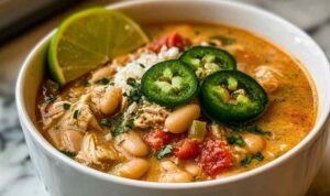 Bowl of creamy Cajun White Chicken Chili garnished with cilantro and jalapeño slices