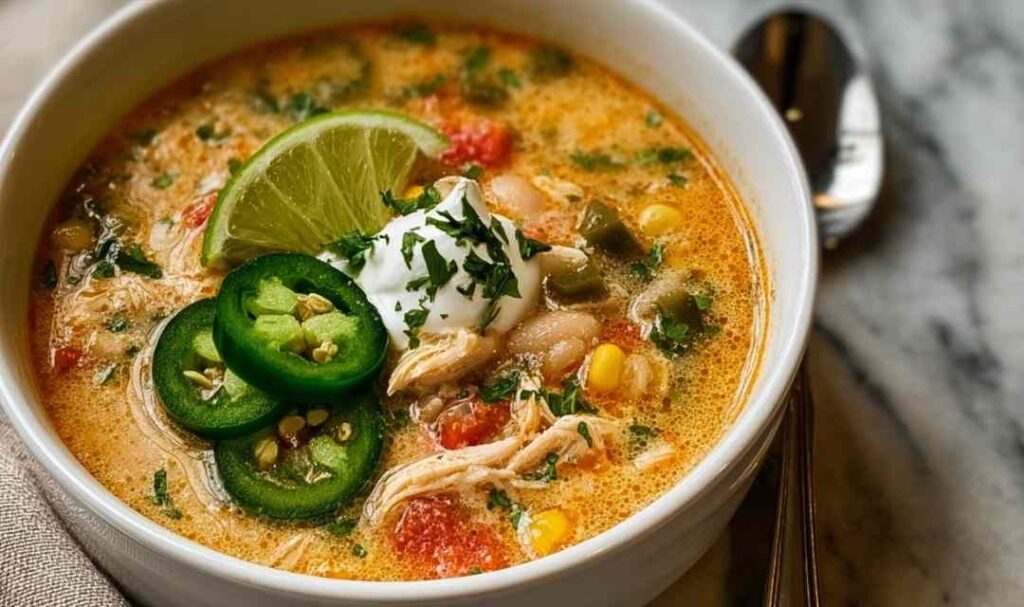 Bowl of creamy Cajun White Chicken Chili garnished with cilantro and jalapeño slices