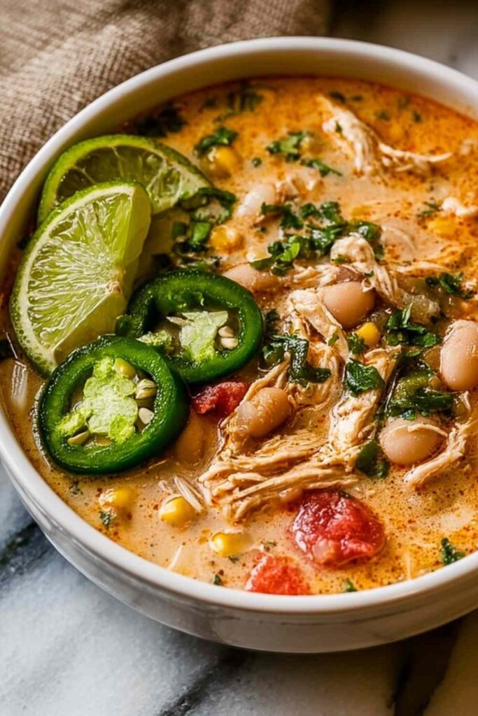 Bowl of creamy Cajun White Chicken Chili garnished with cilantro and jalapeño slices
