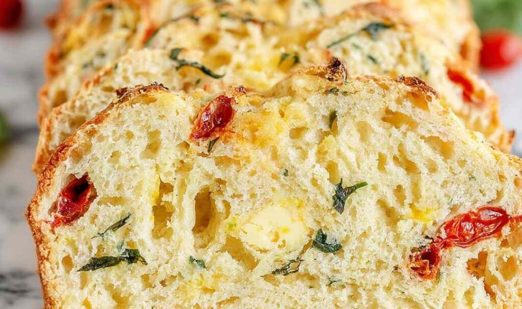 Sliced Caprese Quick Bread with fresh mozzarella and basil on wooden cutting board