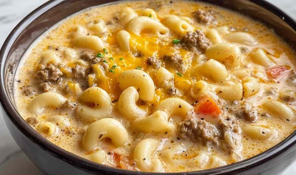 Bowl of Cheeseburger Macaroni Soup topped with shredded cheese and croutons